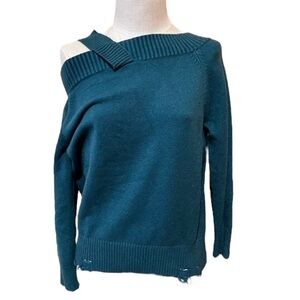 NWT La Miel Med/Lg Distressed Blue Green Sweater Off The Shoulder Cozy
